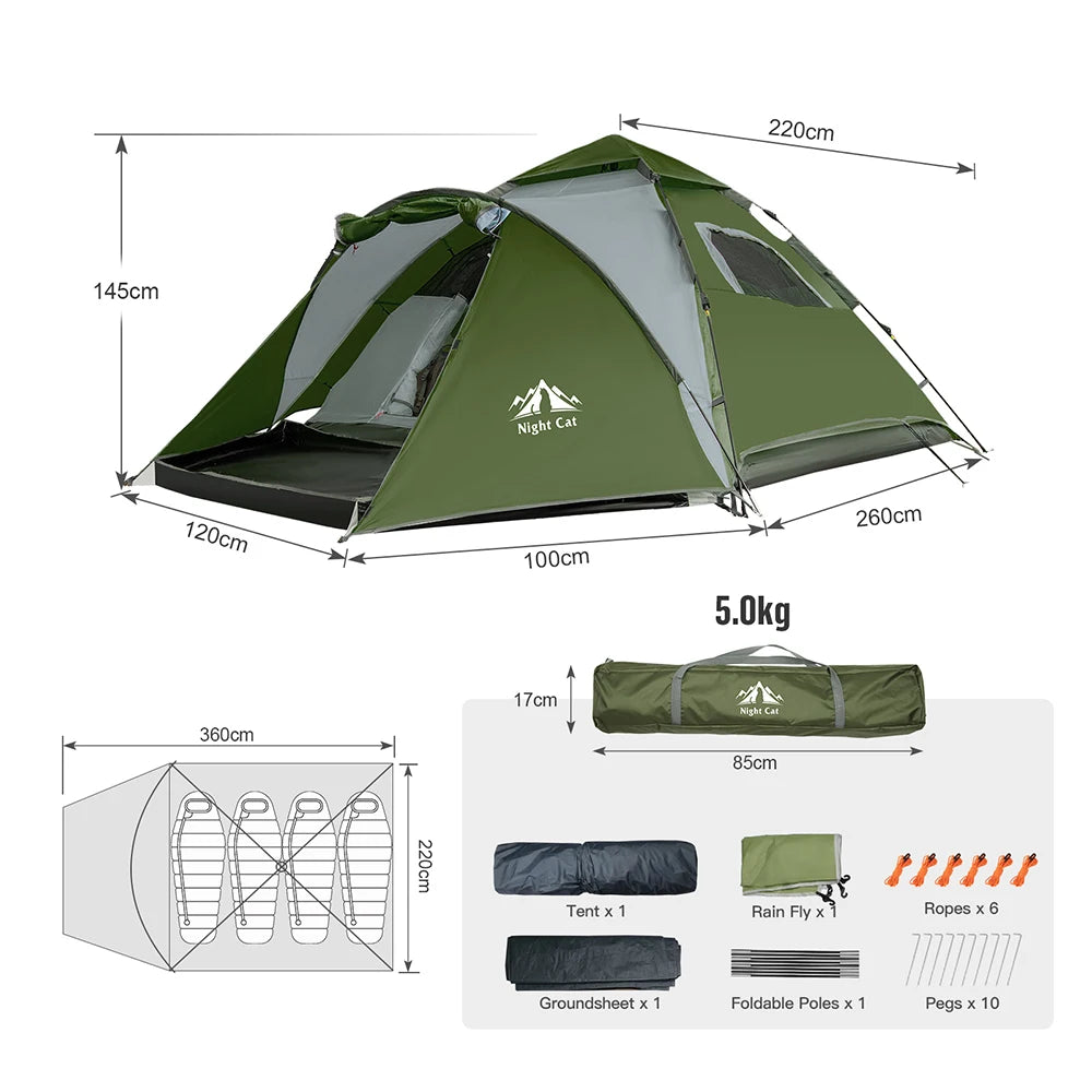 Night Cat 2-3 Person Instant Camping Tent | Hydraulic Automatic Setup Waterproof Windproof Family Tent for Car Camping