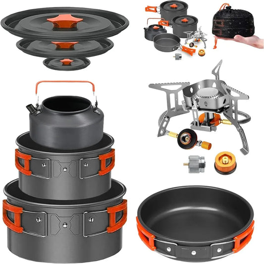 Camping Cookware Mess Kit Set with Stove for Backpacking Hiking Picnic and Outdoor Adventures All-in-One Non-Stick Cooking Set