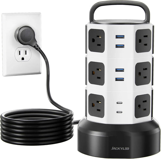 10ft Retractable Power Strip Tower with 13A 12 Outlets & 6 USB Ports Surge Protector for Home Office