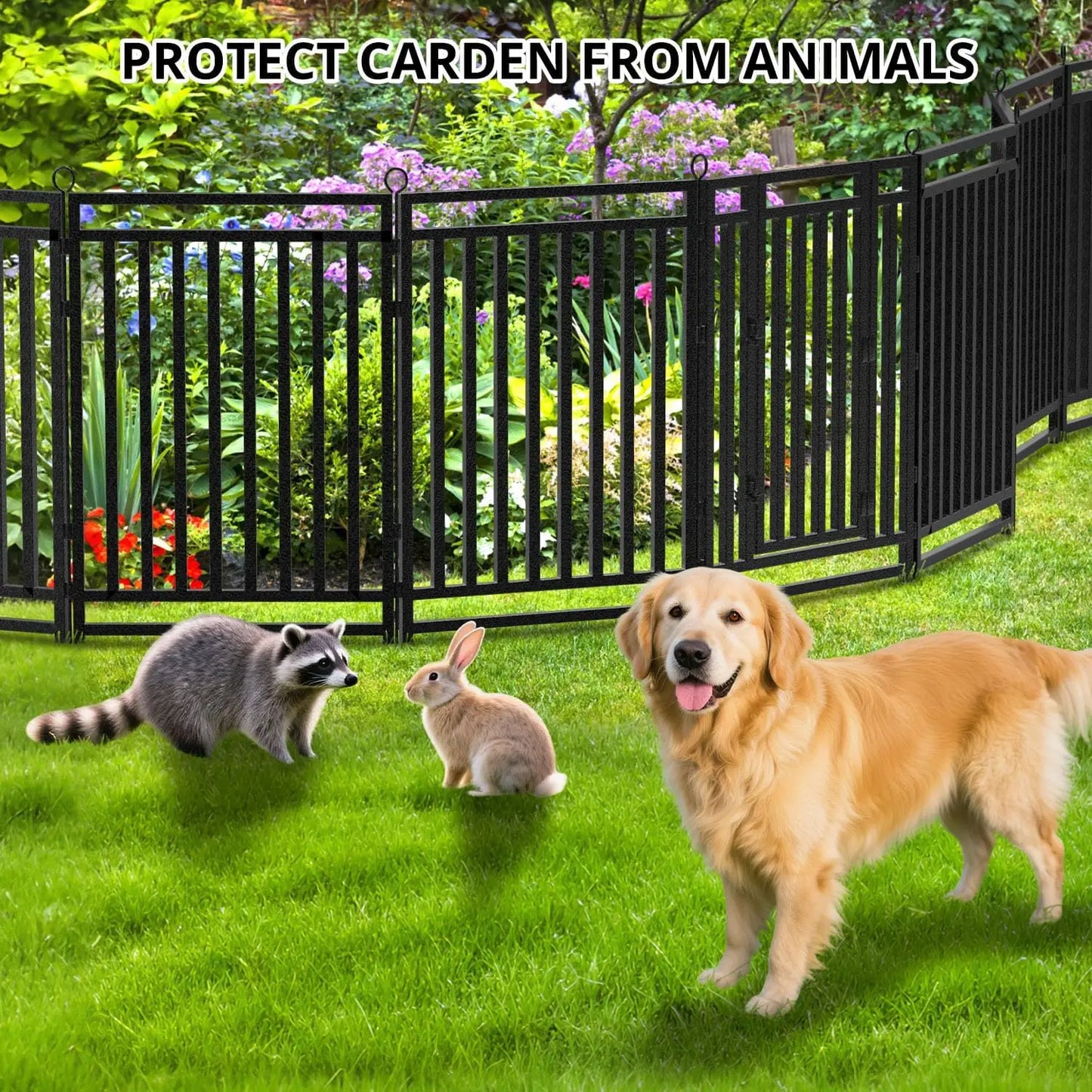 Decorative Garden Fence Metal Dog Fence Outdoor for Yard, 36ft (L) × 40in (H), 14 Panels + 2 Gates,Black-Silver