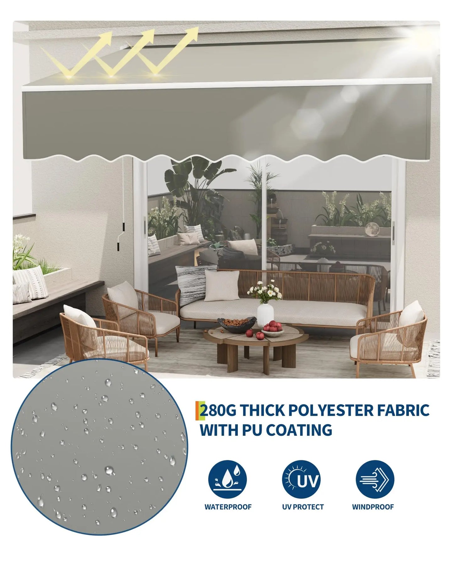 10x8Ft/13x10Ft Manual Retractable Patio Awning, Heavy Duty Aluminum Frame With Waterproof & UV Protection Fabric For Deck Porch