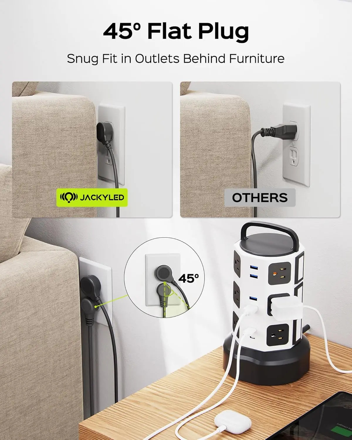 10ft Retractable Power Strip Tower with 13A 12 Outlets & 6 USB Ports Surge Protector for Home Office