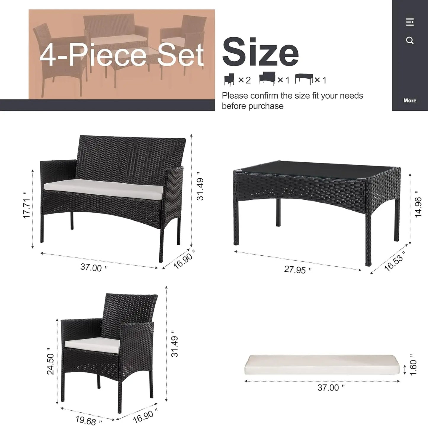 4 Piece Outdoor Patio Furniture Sets, Small Wicker Patio Conversation Furniture Rattan Chair Set with Tempered Glass Coffee Tabl
