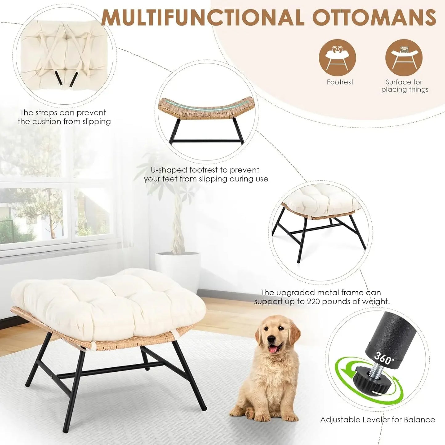 Egg Chair with Footrest, Wicker Patio Lounger with Ottoman, Oversized Rattan Egg Shaped Chair with Leg for Indoor Outdoor
