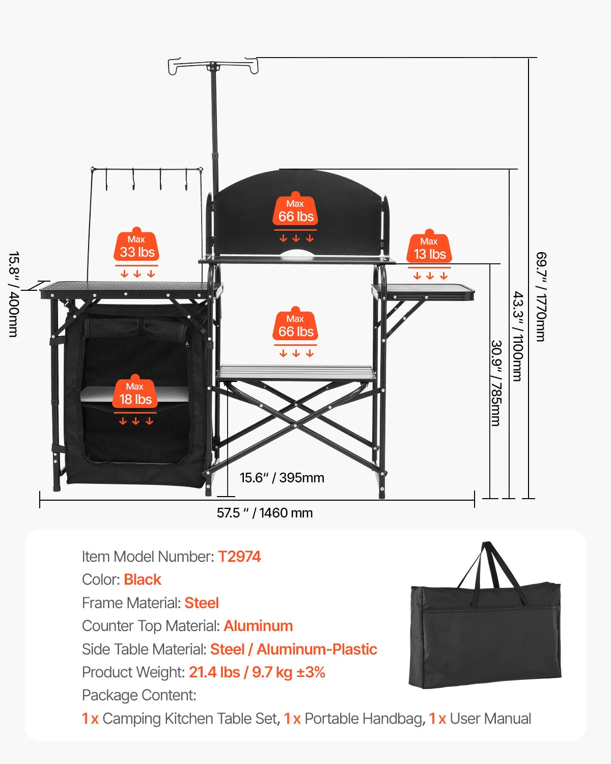 SucceBuy Camping Kitchen Table Folding Camp Cook Station Aluminum Portable Cook Station with Cupboard, Carrying Bag Windscreen