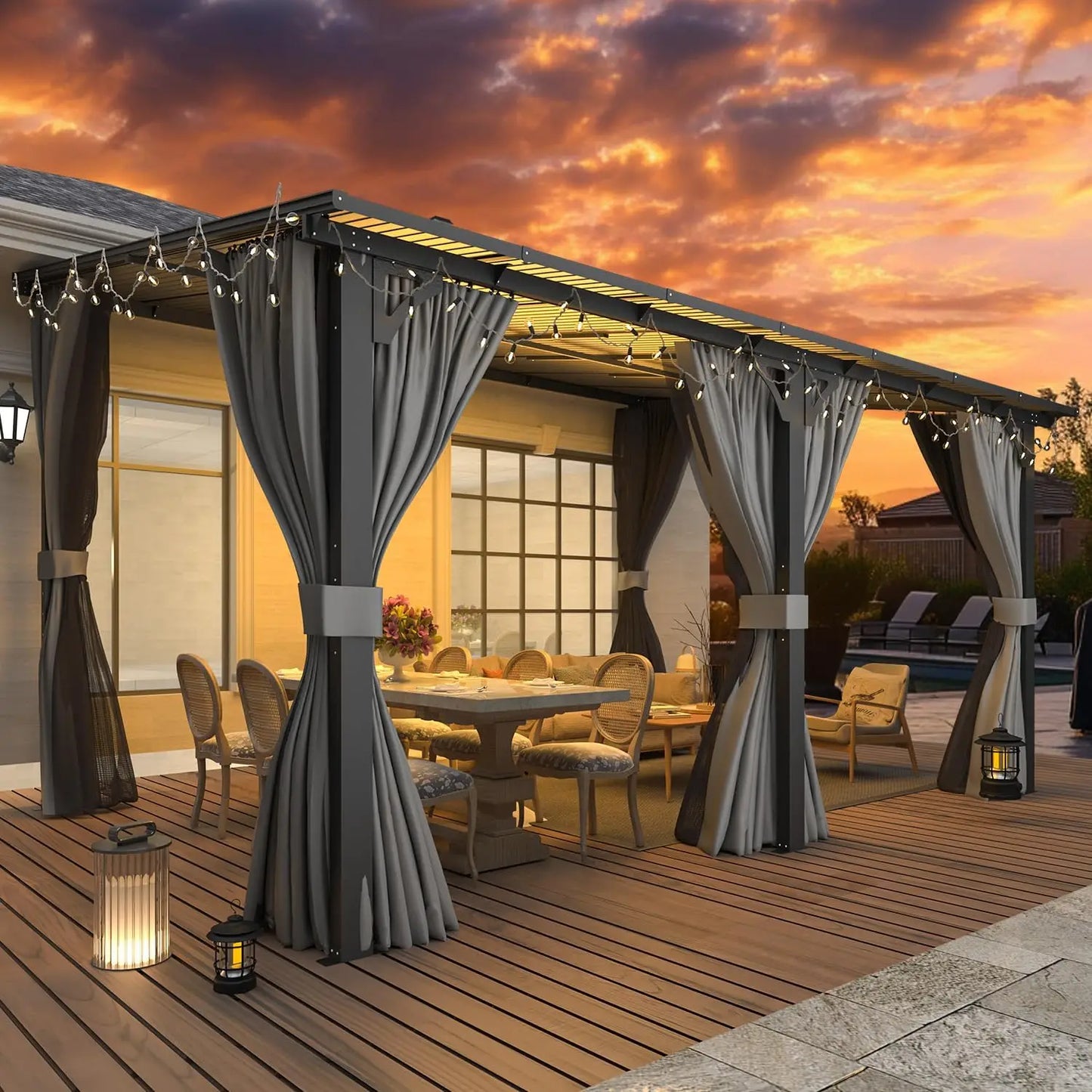 14' X 10' Gazebo, Hard Top Lean To Gazebo Pergola with Curtains and Mosquito Netting, Large Wall-Mounted Heavy Duty Awnings