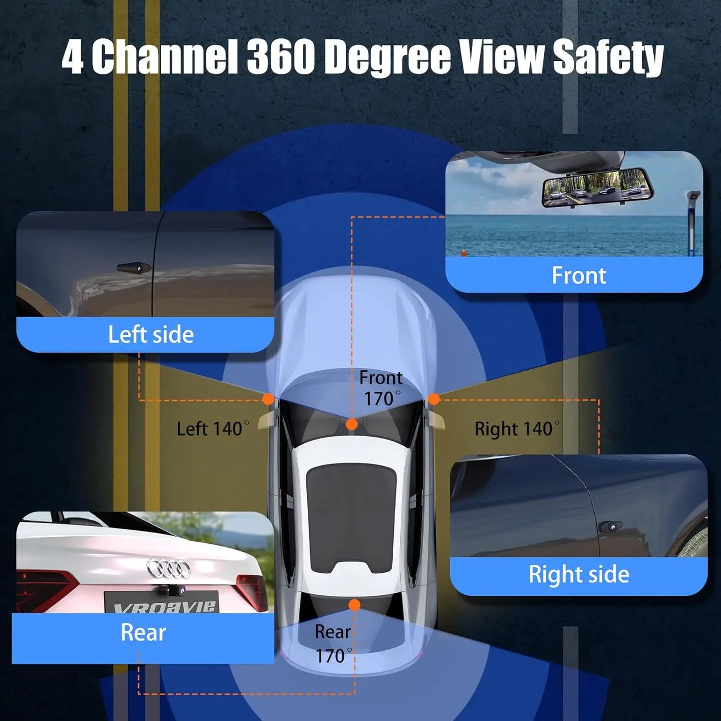 360 Degree View Dash Cam with 4 Channels, Detached Camera for Cars, Front/Rear/Side Recording, 1080Px4, WiFi, Night Vision