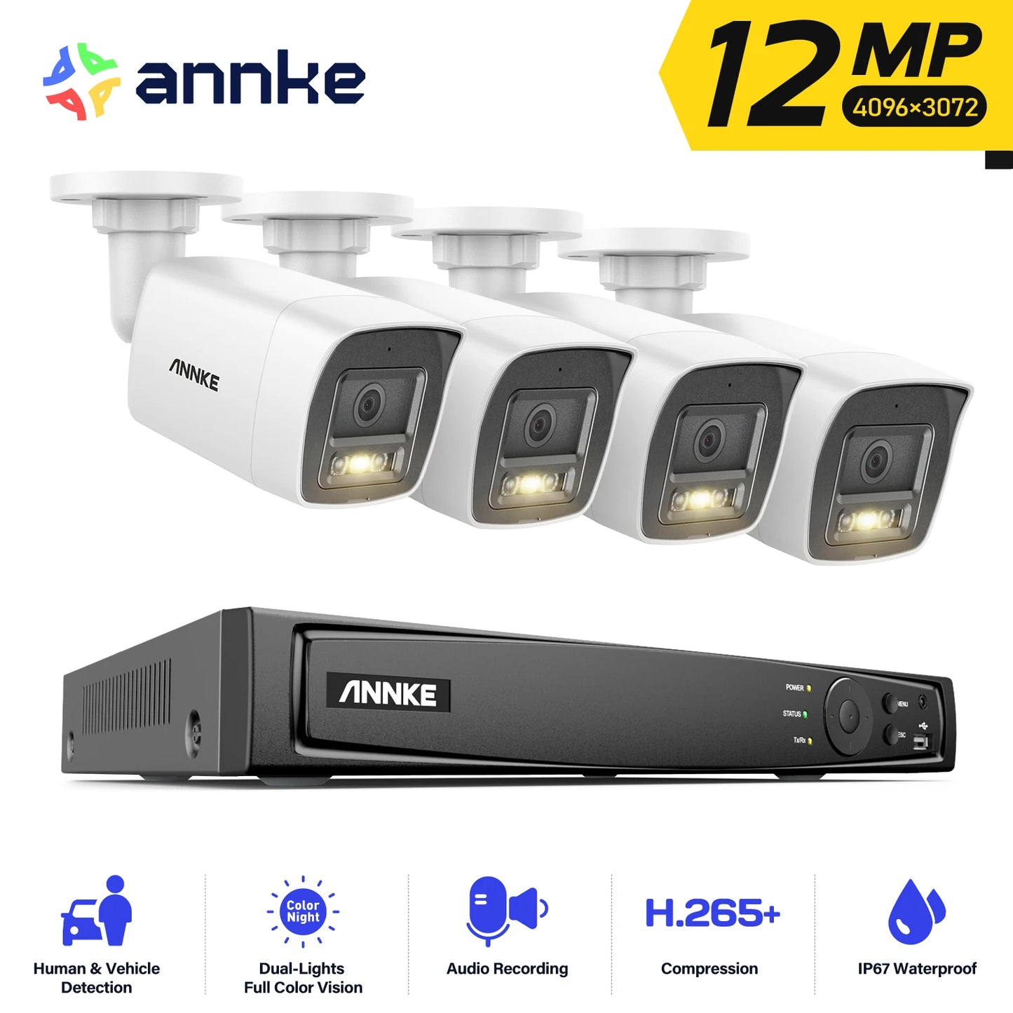 ANNKE H1200 12MP Dual Light Outdoor Surveillance Camera System 2.8MM Lens Person/Vehicle Detection 265+ 12MP PoE Camera Kits