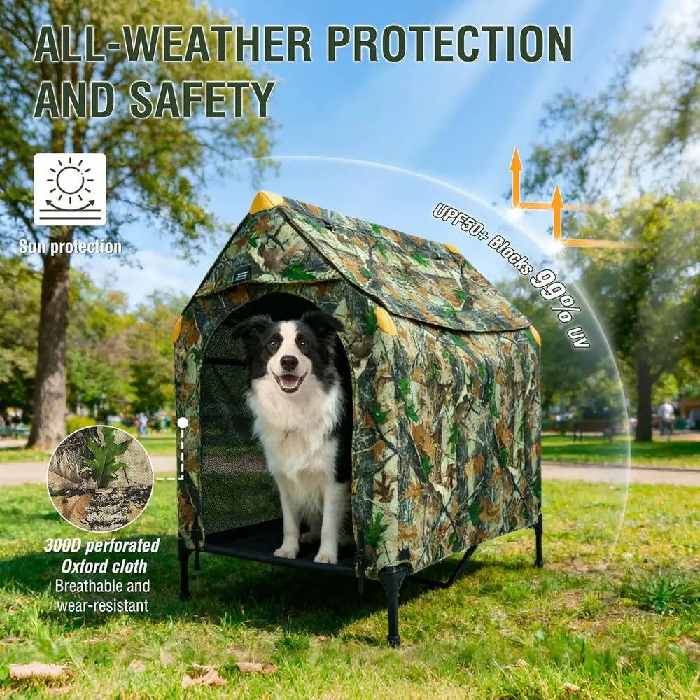 42" Camoulage Canvas Outdoor Dog House Weatherproo,360° Visibility and Breathable Design,2-in-1 Dog Shade Shelter or Large Breed