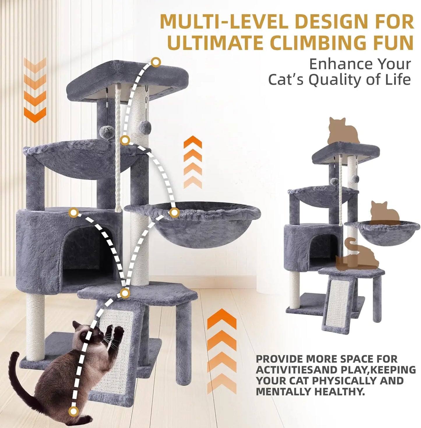 Three-Tier Cat Tree with Condo and Hammocks, Gray - Durable Faux Fur & Sisal Posts for Play and Rest