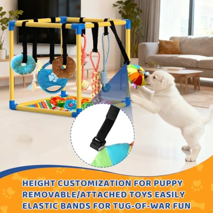 Puppy Play Gym with Snuffle Mat and 8 Hanging Toys Indoor Play Gym Interactive Dog Toys for Boredom Enrichment Activity for Sma
