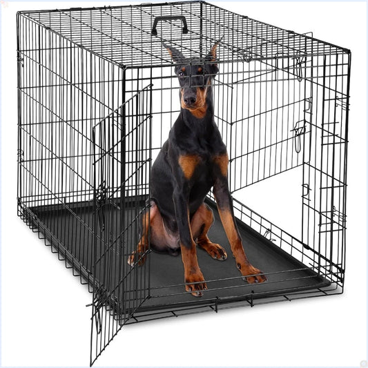 Dog Crate, 48 Inch Extra Large Double Door Dog Cage with Plastic Leak-Proof Pan Tray, Folding Metal Wire Indoor, Outdoor, Travel