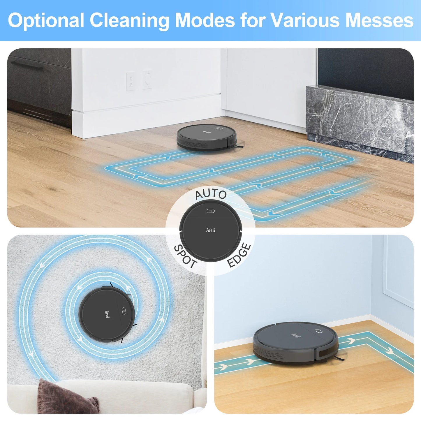 INSE Robot Vacuum Cleaner 3-in-1 Automatic Cleaning & Charging 4000Pa Suction Dual Power Mode Detachable Mop for Carpet Pet Hair
