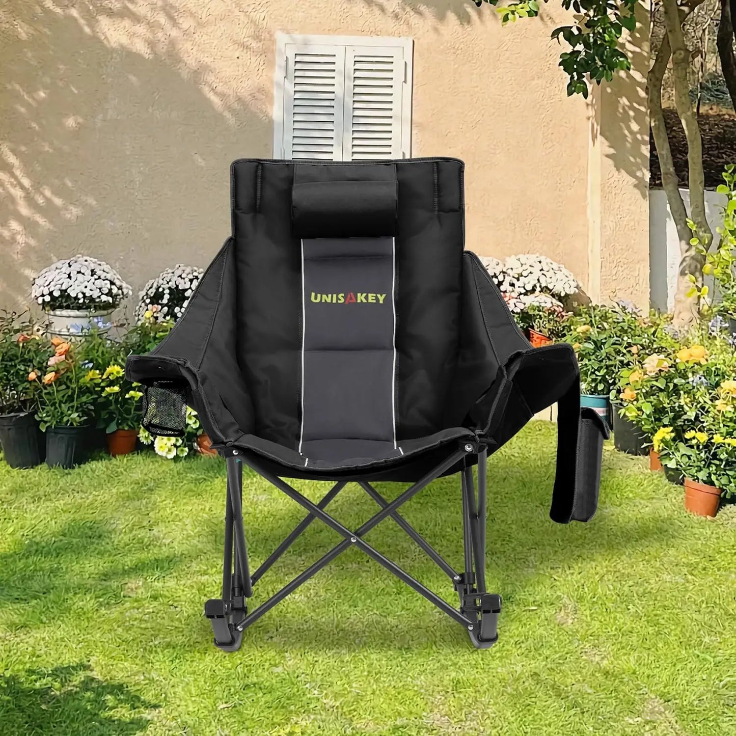 Oversized Rocking Camping Chair with Headrest & Cup Holder, 400lbs Capacity, Easy Fold Portable for Outdoor