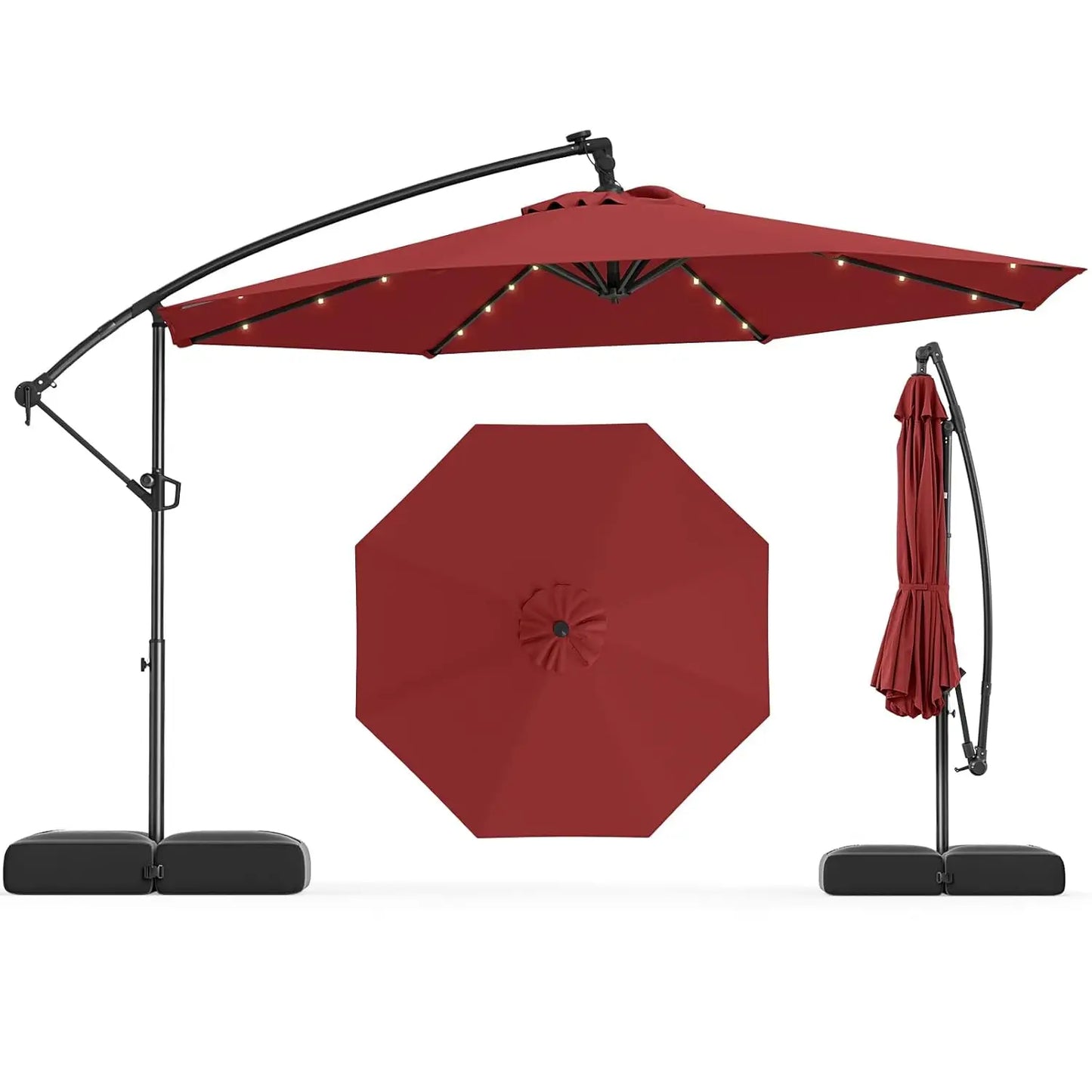 10ft Solar Patio Umbrella with Base Included, Offset Cantilever Outdoor Umbrella with 32 LED Lights, Infinite Tilt,, Customized