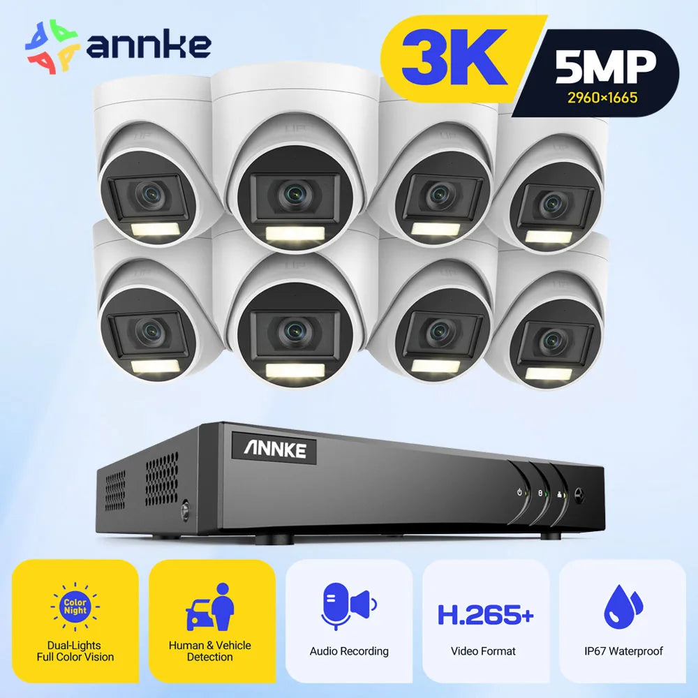 ANNKE 8CH 5MP Smart Dual Lights Lite Video Security System CCTV Kit With 3K 4X 5MP Built-in mic Waterproof Surveillance Cameras