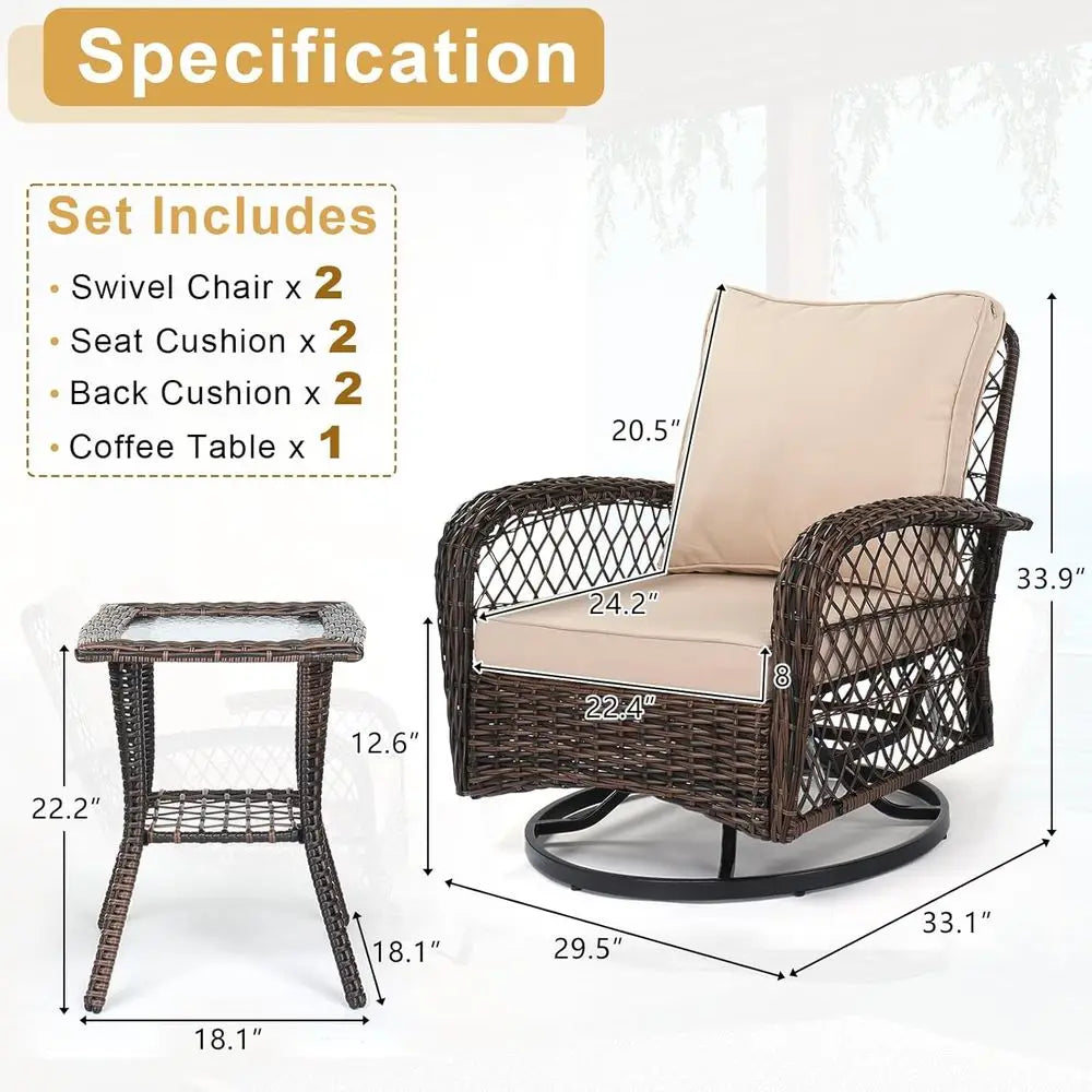 3-Piece Patio Furniture Set, Swivel Rocking Chairs for 2, Outdoor Swivel Bistro Chairs, Porch Chairs with Bistro Table