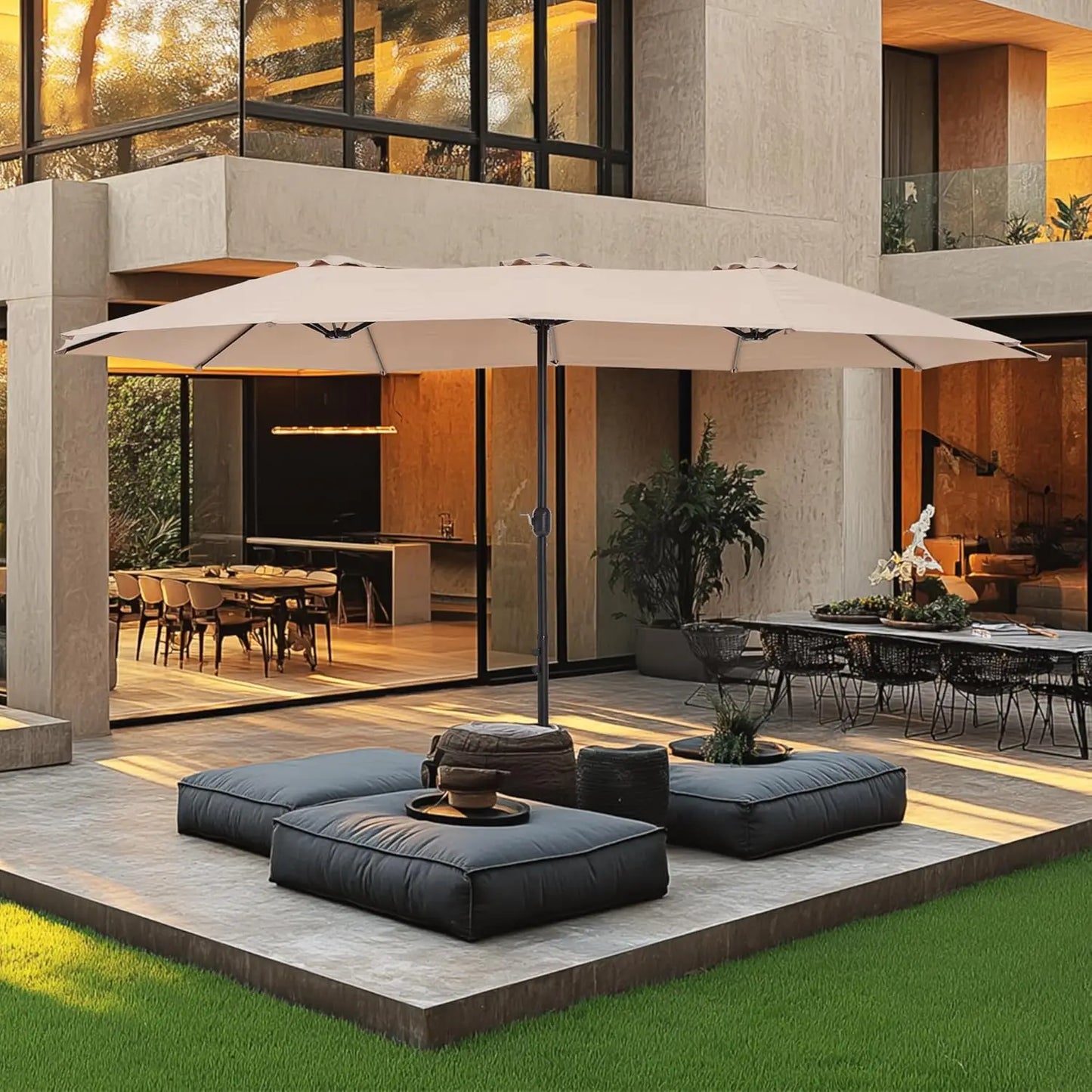 15ft Double Sided Patio Umbrella with Base Included, Outdoor Large Rectangular Market Umbrellas with Crank Handle, Customized