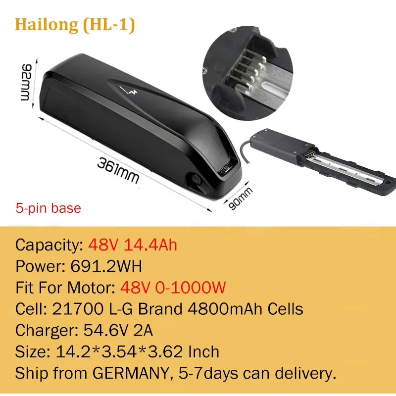 21700 Ebike Battery Hailong Polly 36V 48V 20Ah 30Ah 25Ah 18650 Cell Electric Bike Batteria 14.4ah for500W 750W 1000W 1500W Motor